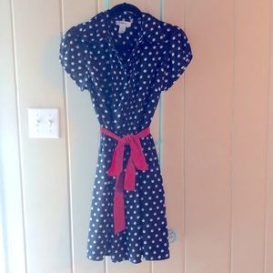 Navy Blue and White Print with Red Belt